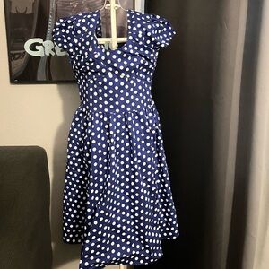 blue and white polka dot dress